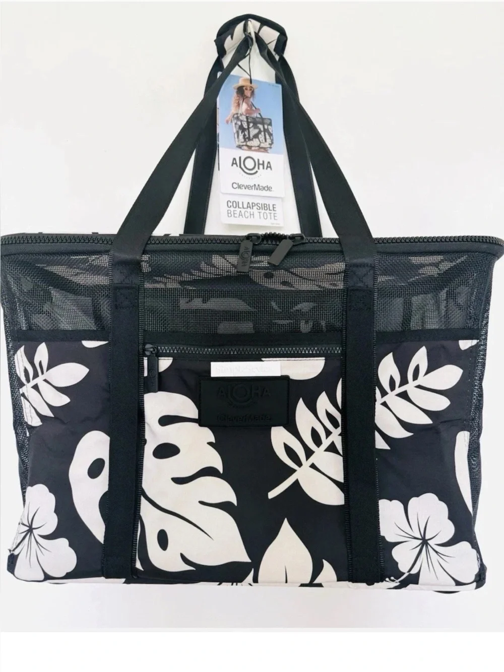 Aloha + CleverMade Collapsible Beach Tote Black
